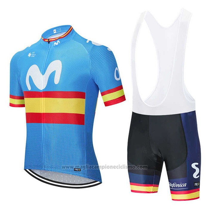 2020 Abbigliamento Ciclismo Movistar Champions Spagna Blu Manica Corta e Salopette